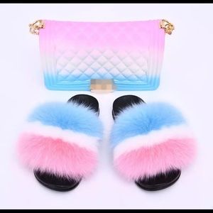 Fur sandals and purse